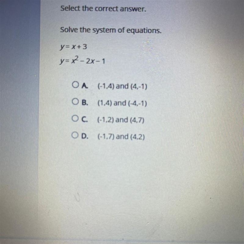 Solve the system of equations. y= x + 3 y= x2 - 2x-1 Please help :)-example-1