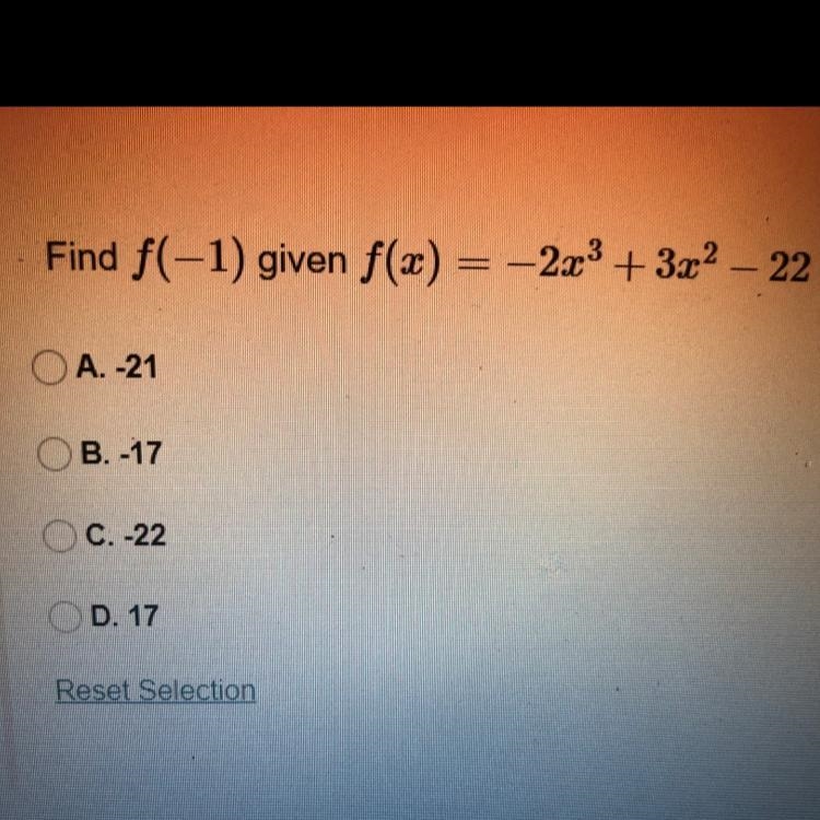 Find f(-1) given f(x) = –2x^3 + 3x^2 – 22-example-1