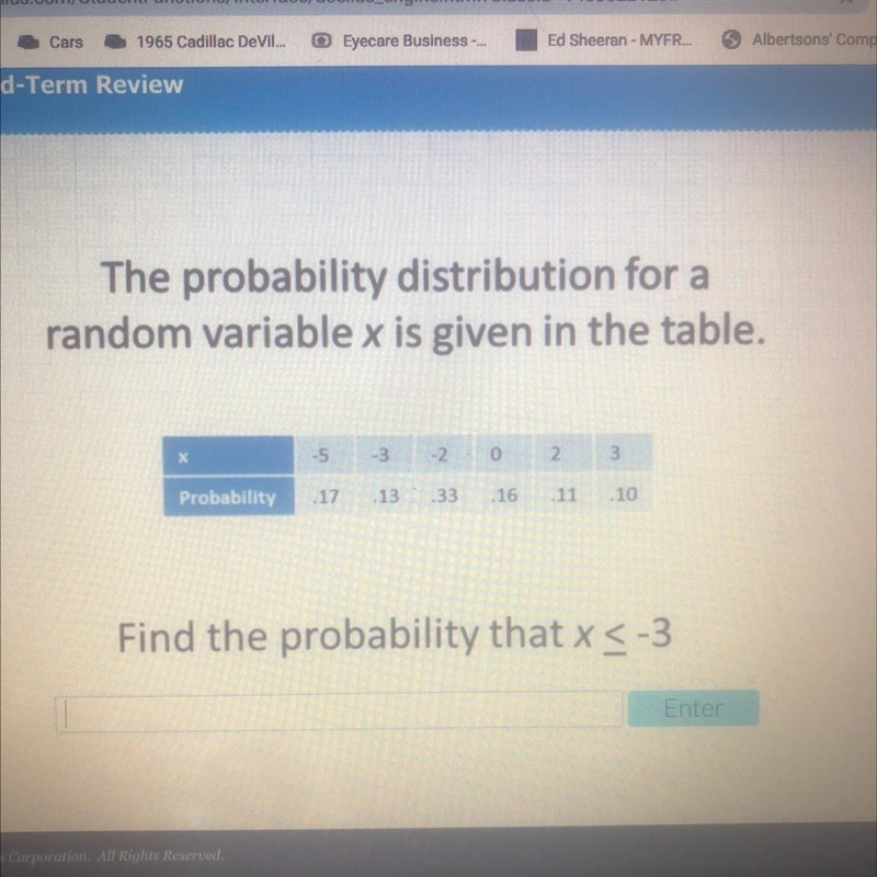 The probability distribution for a random variable x is given in the table. -5 3 -2 0 2 3 Probability-example-1