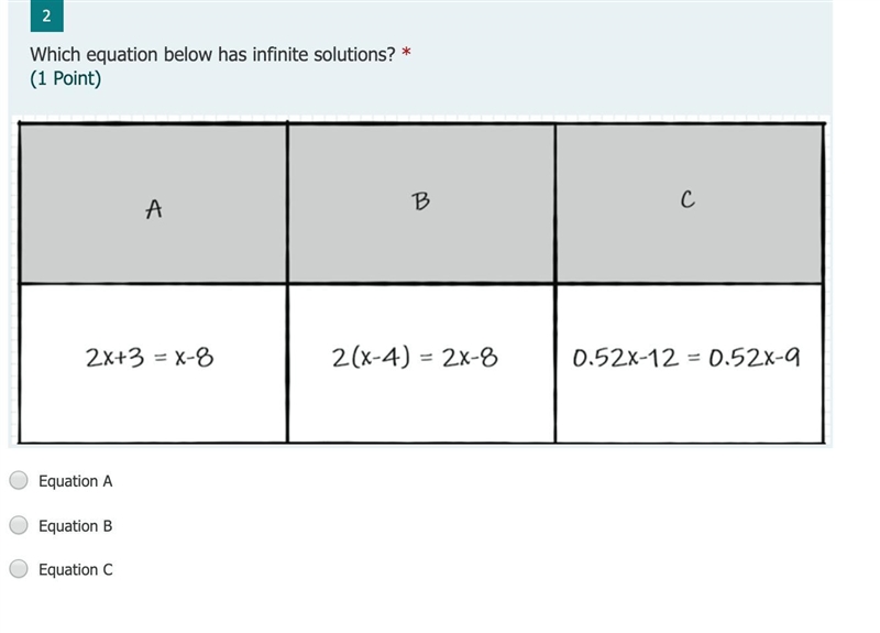 Which equation below has infinite solutions? and please hurry it is due in an hour-example-1