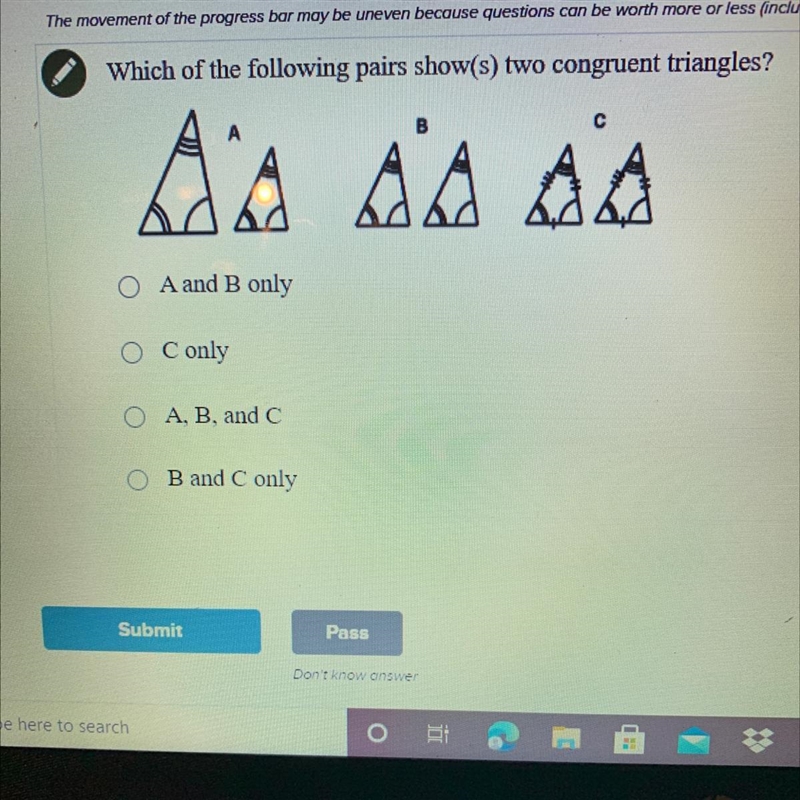 Which of the following shows two congruent triangles-example-1