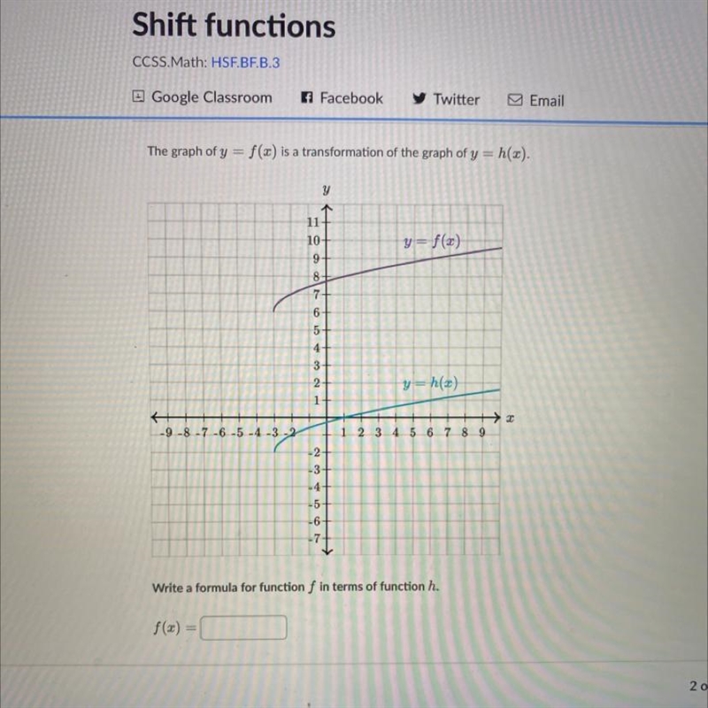 The graph of y=f(x) is a transformation of the graph y=h(x) write a formula for the-example-1