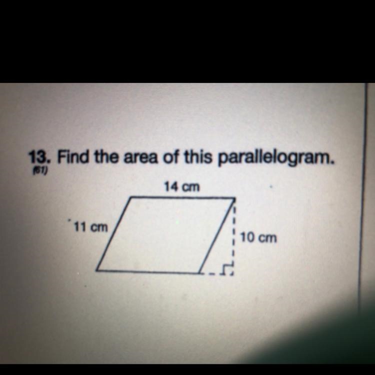 Find the area of this parallelogram, top= 14 left= 11 right = 10-example-1