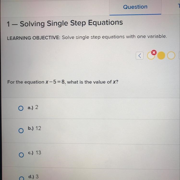 For the equation x-5=8, what is the value of x?-example-1