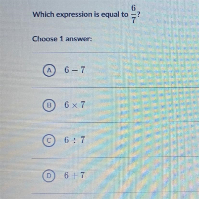 Which expression is equal to 6/7?-example-1