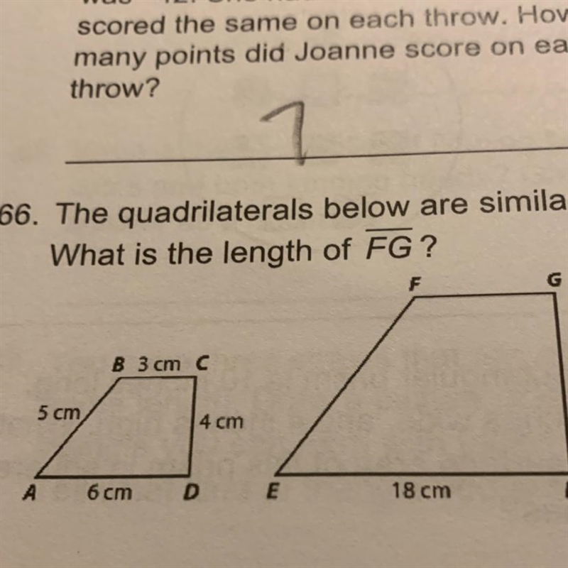 66. The quadrilaterals below are similar. What is the length of FG?-example-1