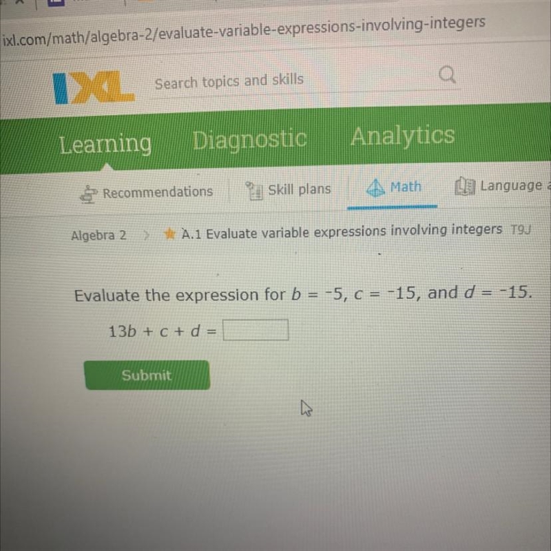 Evaluate the expression for b = -5, C = -15, and d = -15. 13b + C + d =-example-1