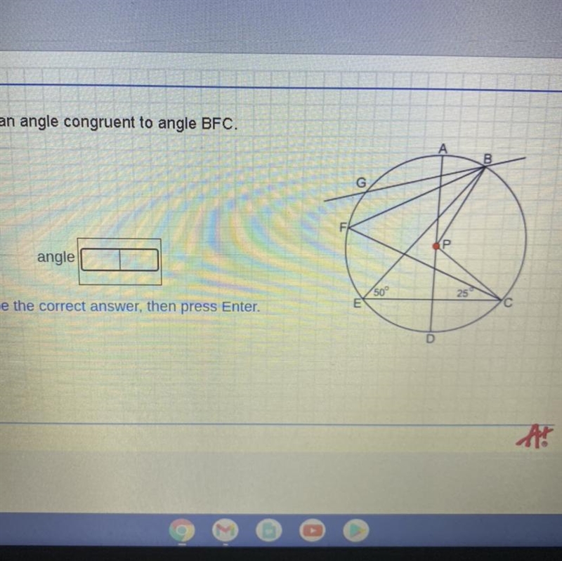 Name an angle congruent to angle BFC.-example-1