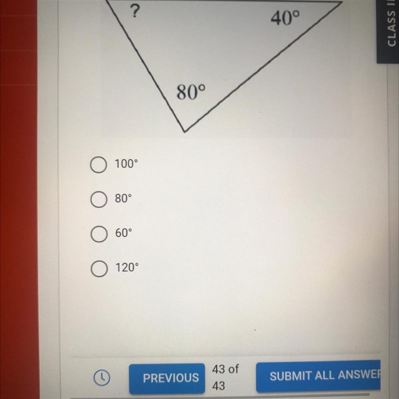 Find the degree measure of the indicated angle. ? 40° 80°-example-1