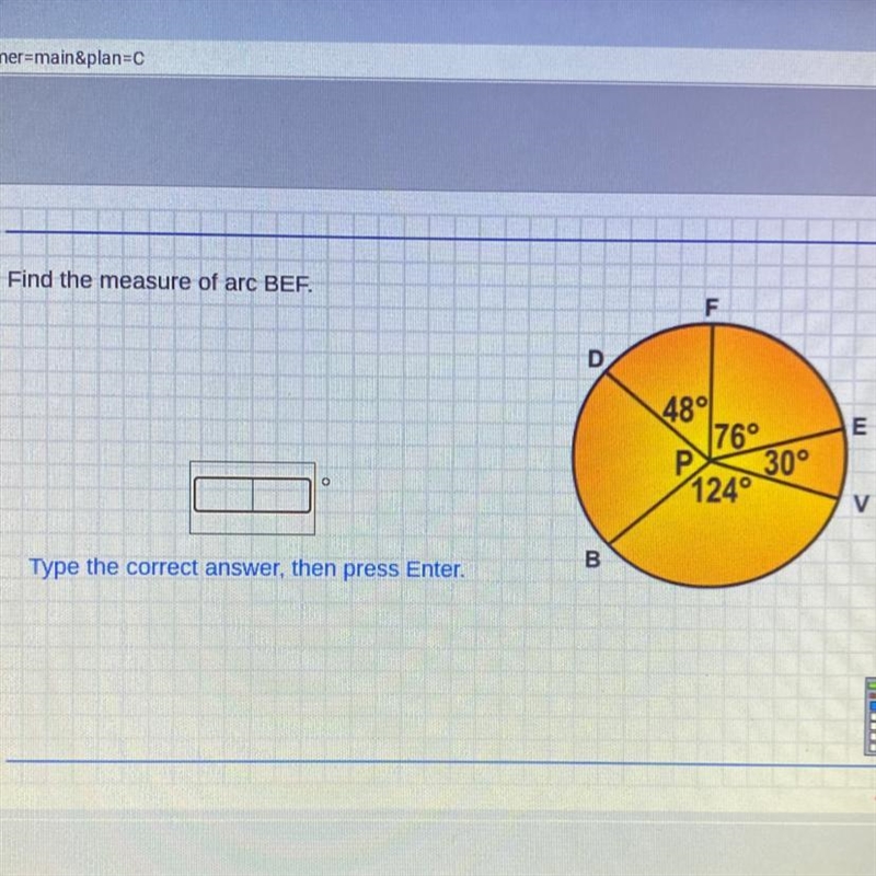 Find the measure of arc BEF.-example-1