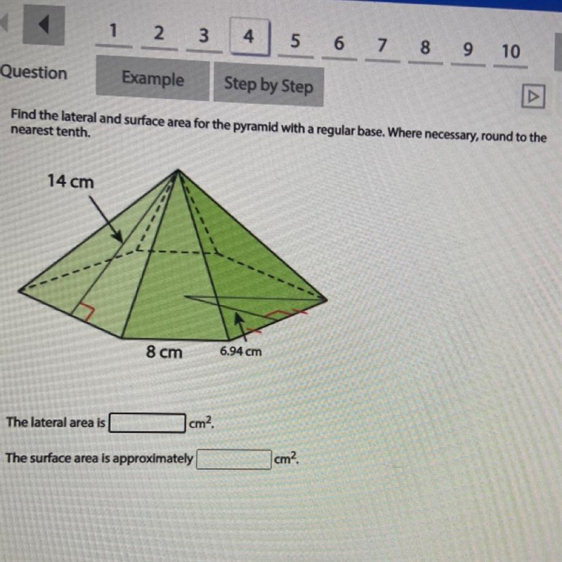 Find the lateral and surface area for the pyramid with a regular base. Where necessary-example-1