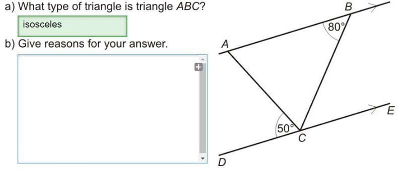 What type of triangle is triangle ABC? Give your reasons for your answer:-example-1