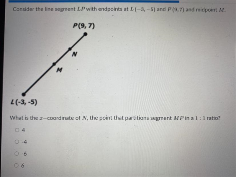 Consider the line segment LP with endpoint at L (-3, -5) and P (9, 7) and midpoint-example-1