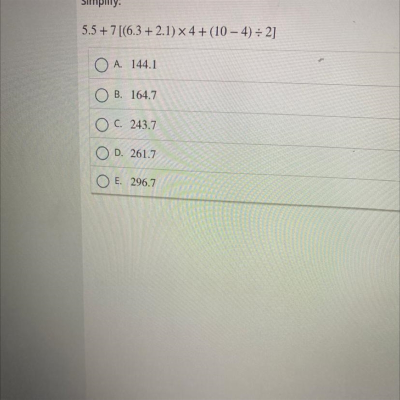 Simplify: 5.5 + 7 [(6.3 + 2.1) X 4+ (10 – 4) = 21-example-1