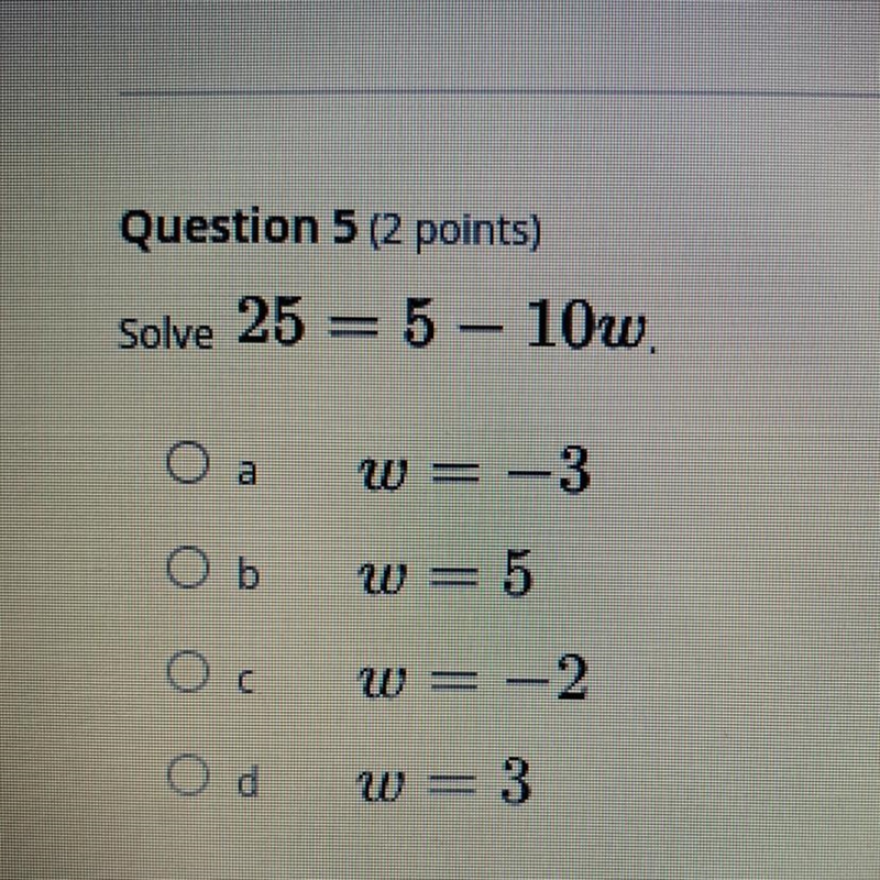 Solve 25 = 5 - 10w, please hurry-example-1