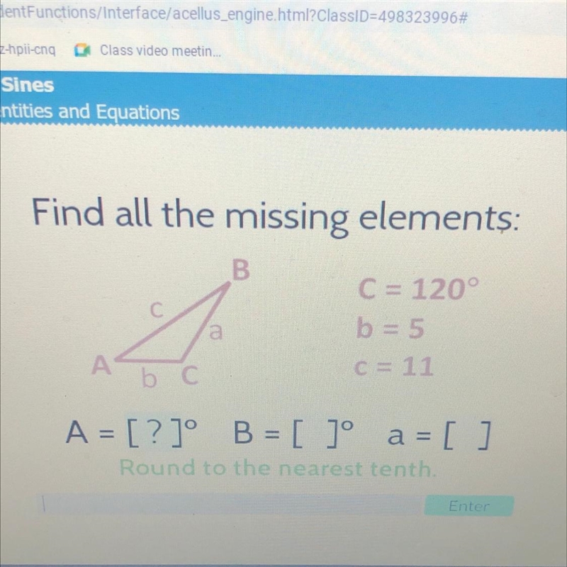 Find all the missing elements : C=120degrees b= 5 c=11-example-1