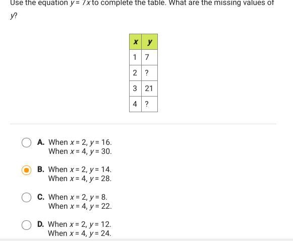 Use the equation y=7x to complete the table what are the missing values-example-1