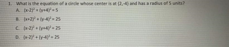 What is the equation of a circle whose center is at (2,-4) and has a radius of 5 units-example-1