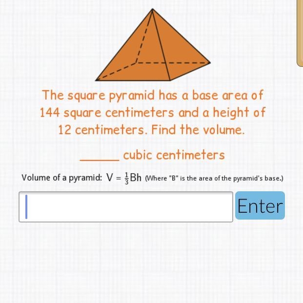 The square pyramid has a base area of 144 square centimeters and a height of 12 centimeters-example-1