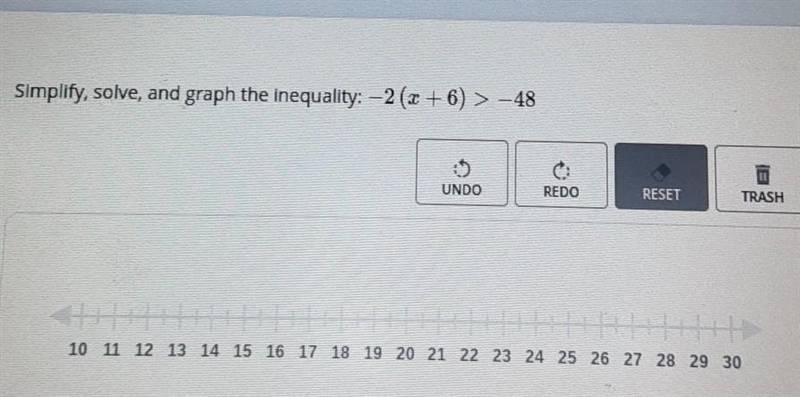 Simplify, solve, and graph the Inequality: -2(x+6) > - 48​-example-1