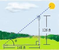 A tower that is 126 feet tall casts a shadow 148 feet long. Find the angle of elevation-example-1