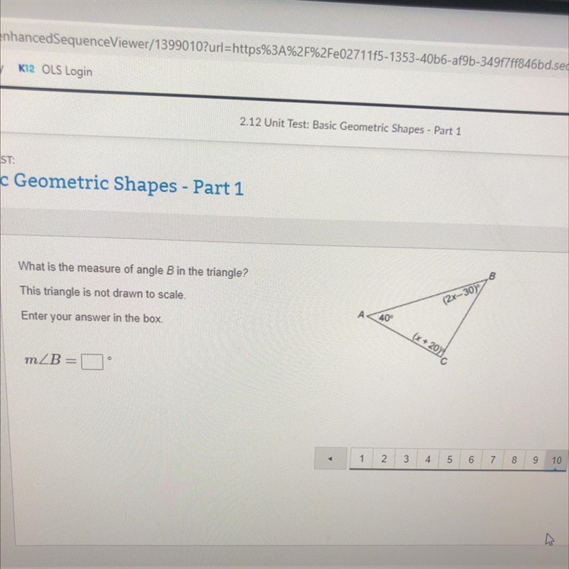 Plz I really need help!! What is the measure of angle B in the triangle? This triangle-example-1