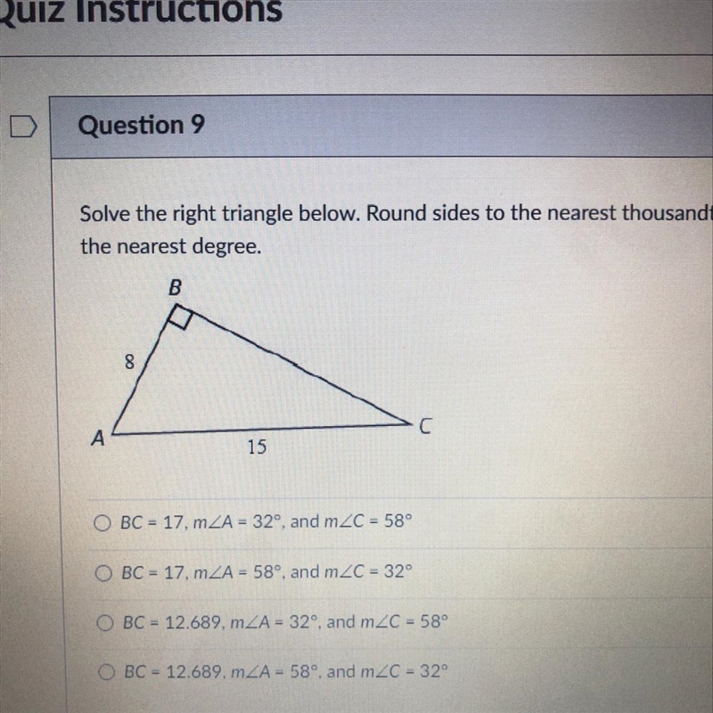 Solve the right triangle below. Round sides to the nearest thousandth and angles to-example-1