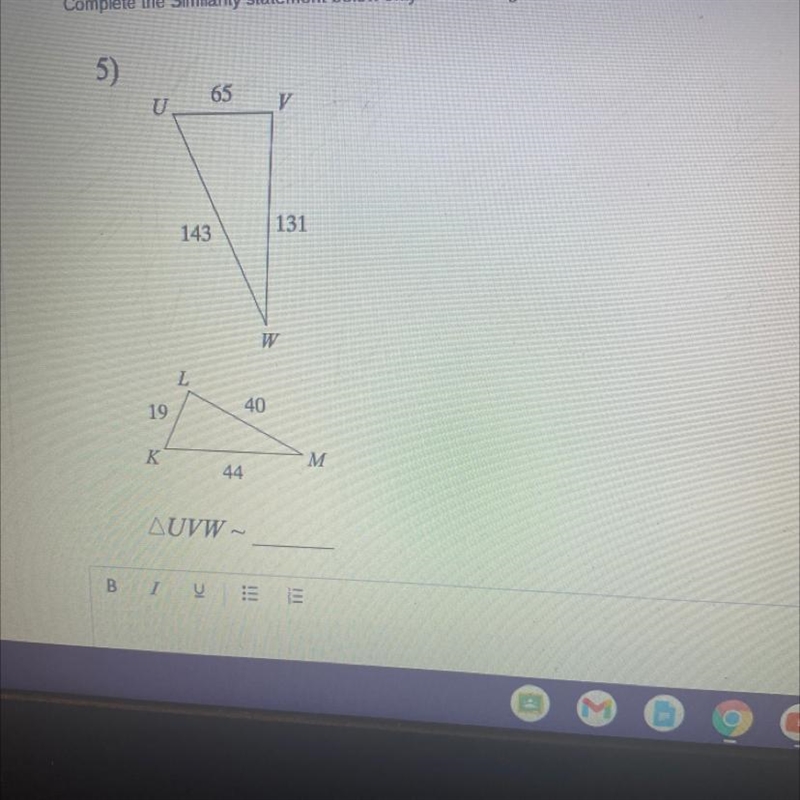 Complete the Similarity statement below only if the triangles are similar.-example-1