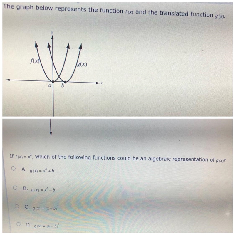 The graph below represents the function f(x) and the translated function g(x) . If-example-1