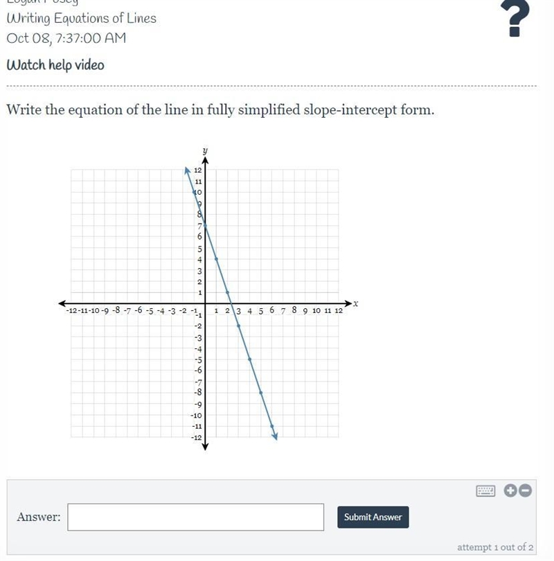 Write the equation of the line in fully simplified slope-intercept form.-example-1