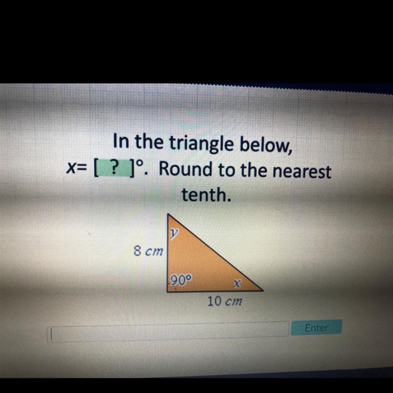 In the triangle below, x= [ ? ]°. Round to the nearest tenth.-example-1