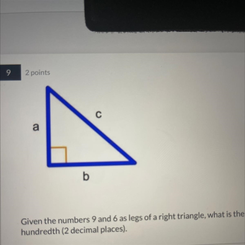 Given the numbers 9 and 6 as legs of a right triangle, what is the length of the hypotenuse-example-1