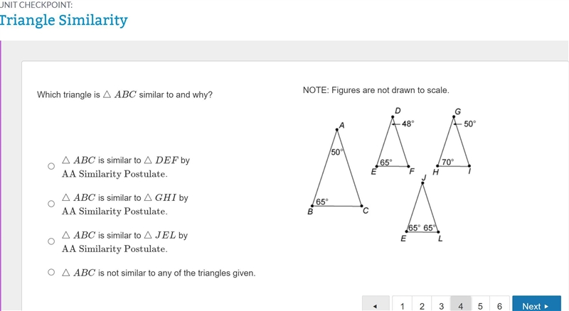 Which triangle is ​△ABC​ similar to and why? △ABC is similar to △DEF by ​AA Similarity-example-1