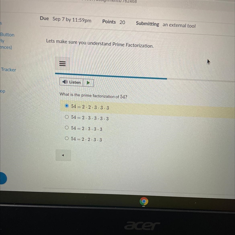 Anybody know? What is the prime factorization of 54?-example-1