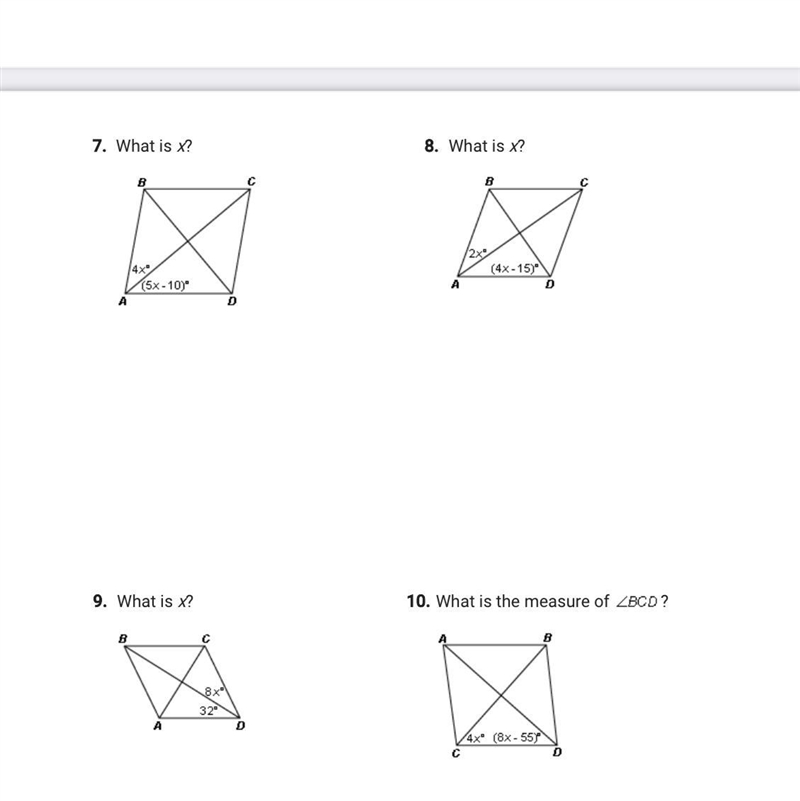 For questions 7- 10, given that each shape is a rhombus, find the missing information-example-1