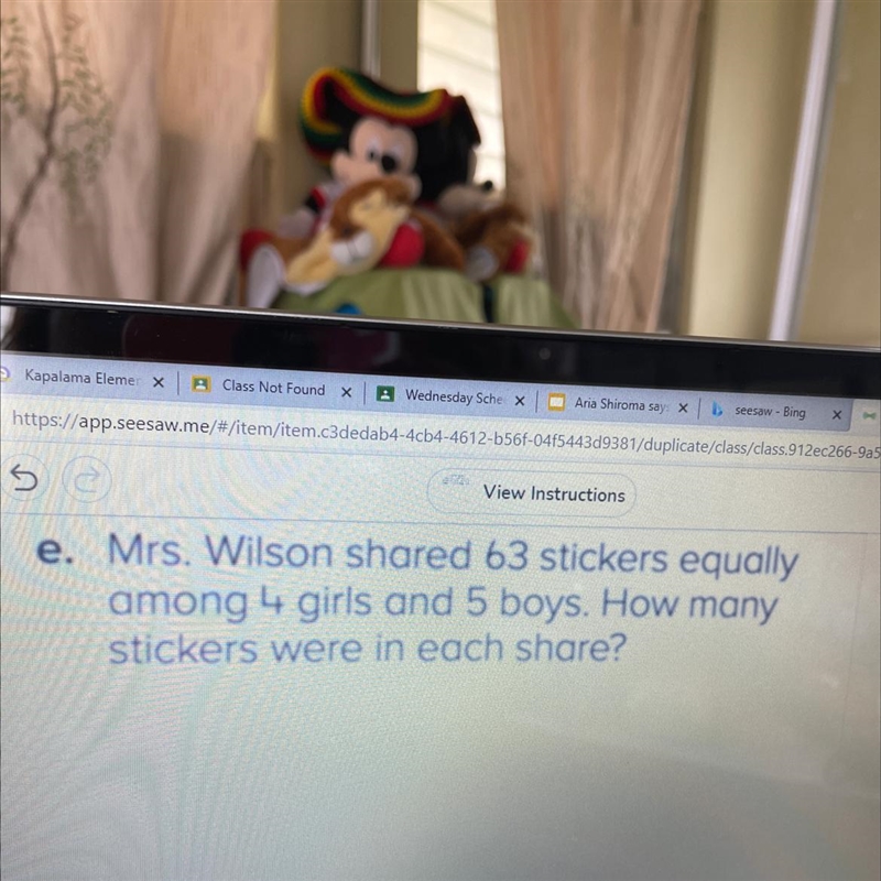 Mrs. Wilson Shared 63 stickers equally among 4 girls and 5 boys.How many stickers-example-1