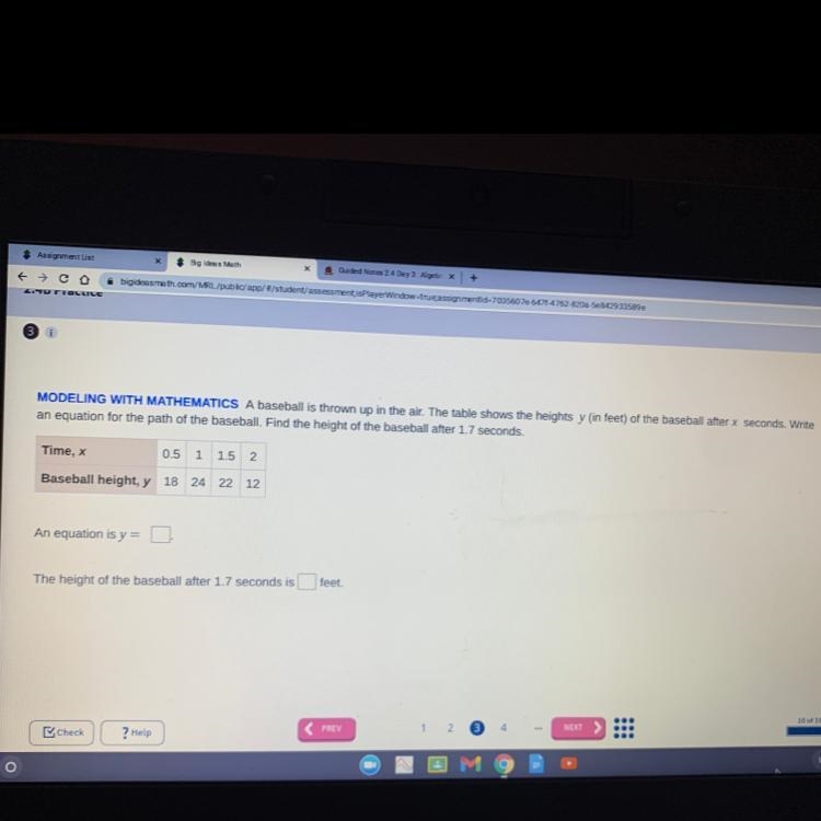 What is the equation for y= and The high of the basketball after 1.7 second? Please-example-1