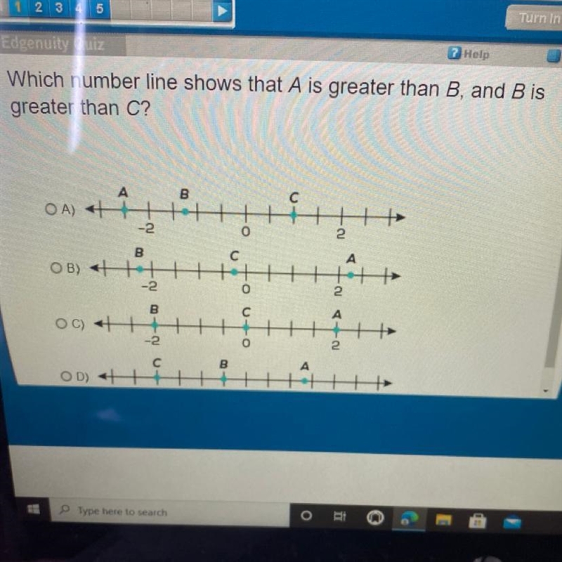 Which number line shows that A is greater than B, and B is greater than C?-example-1