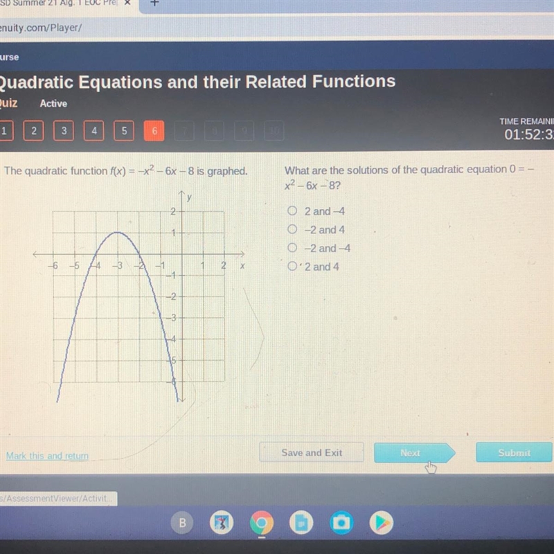 The quadratic function f(x) = -x2 - 6x - 8 is graphed. What are the solutions of the-example-1