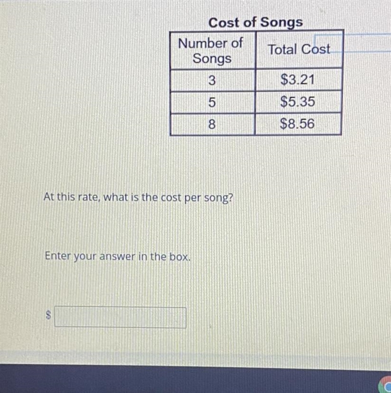 Cost of Songs Number of Total Cost Songs 3 $3.21 5 $5.35 8 $8.56 At this rate, what-example-1