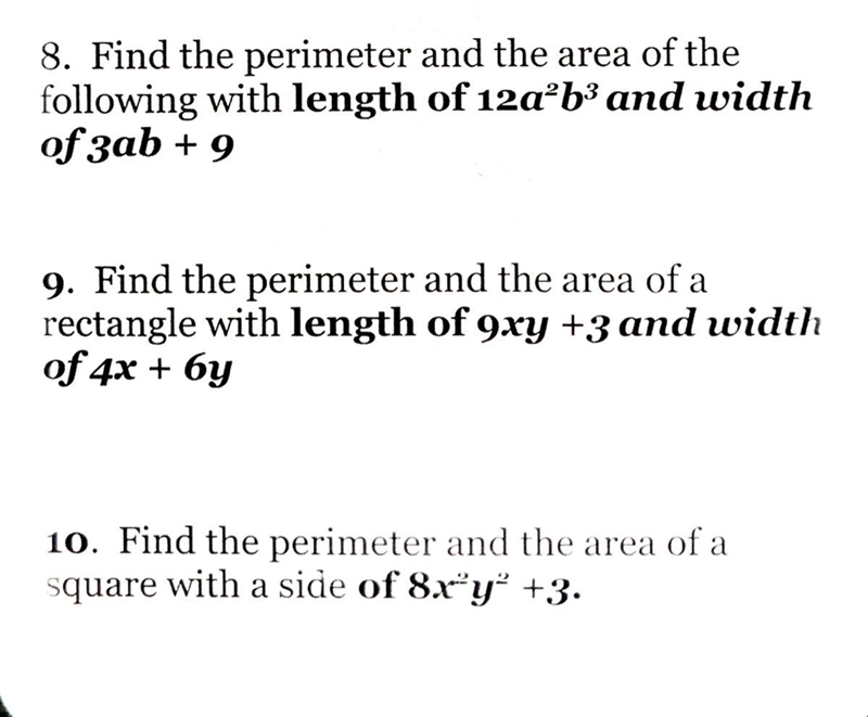 Find the perimeter and the area of the following #8, #9, and #10-example-1