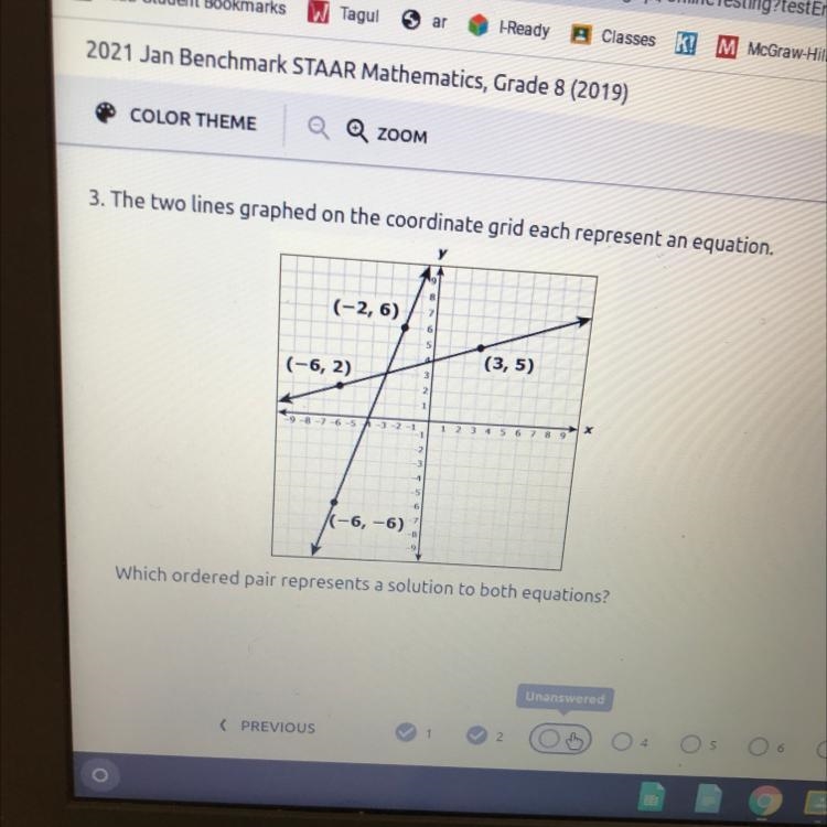 3. The two lines graphed on the coordinate grid each represent an equation. y O (-2, 6) (3,5) (-6, 2) X-example-1