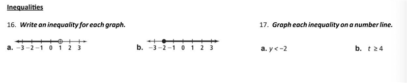 16. write an inequality for each graph a..... b..... 17. Graph each inequality on-example-1