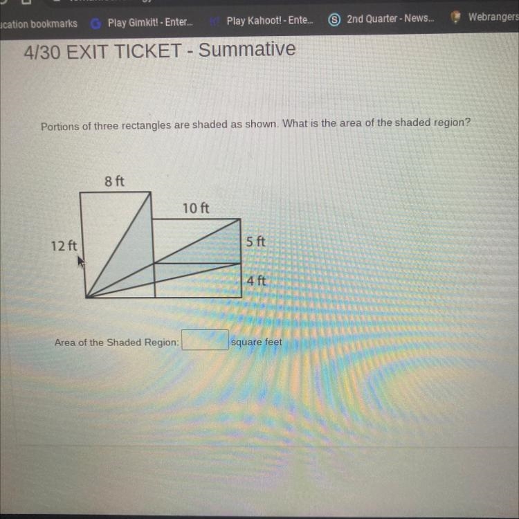 Portions of three rectangles are shaded as shown. What is the area of the shaded region-example-1