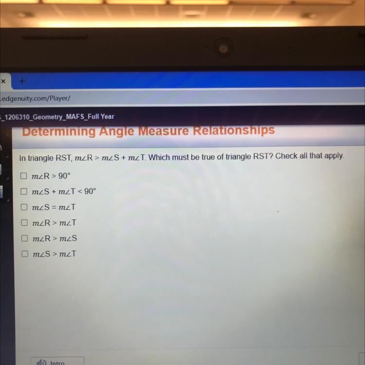 In triangle RST, mZR> m_S+ m2T. Which must be true of triangle RST? Check all that-example-1