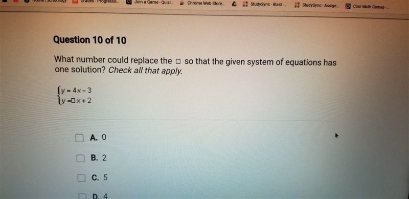 What number could replace the o so that the given system of equations has one solution-example-1