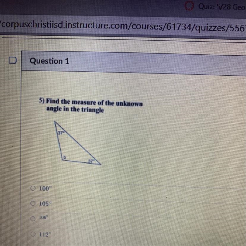 5) Find the measure of the unknown angle in the triangle O 100° O 105 106 0 112 PLEASE-example-1