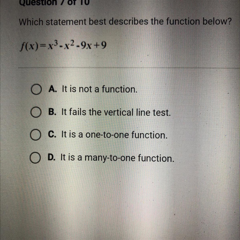 Which statement best describes the function below? f(x)= x3 - X2-9x+9 O A. It is not-example-1