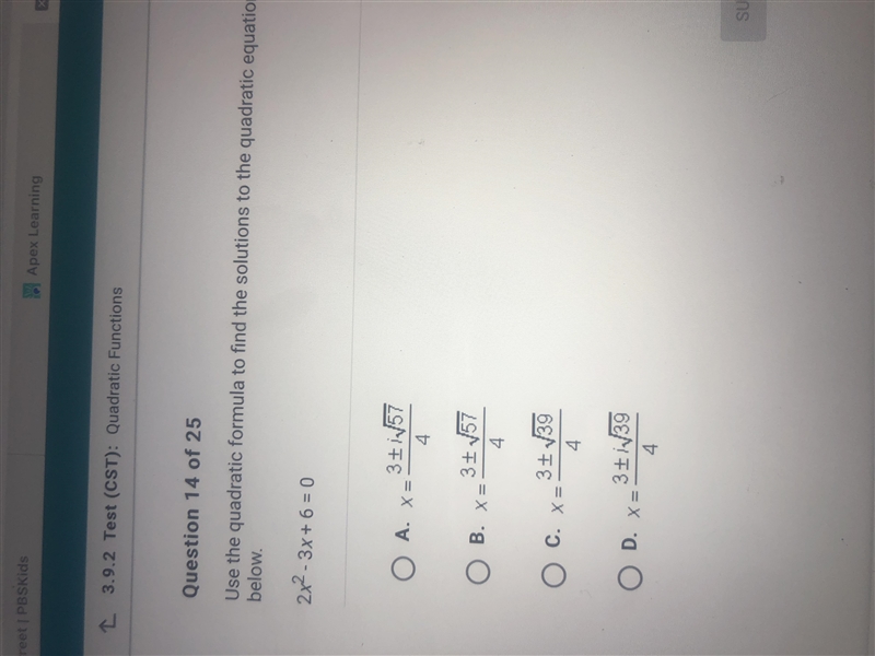 Use quadratic formula to find the solutions to the quadratic equation 2x^2-3x+6=0-example-1