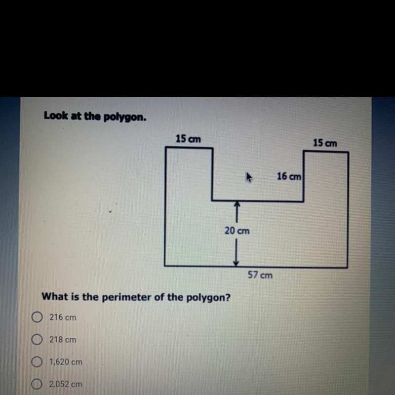 15 cm 15 cm 16 cm 20 cm 57 cm What is the perimeter of the polygon?-example-1